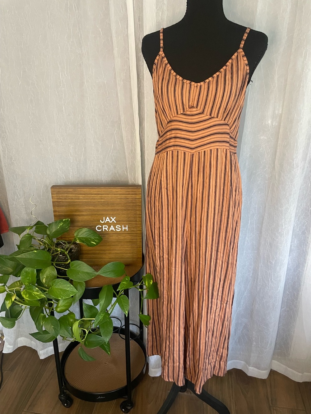 Women's Striped Spaghetti-Strap Maxi romper- Rust/Black